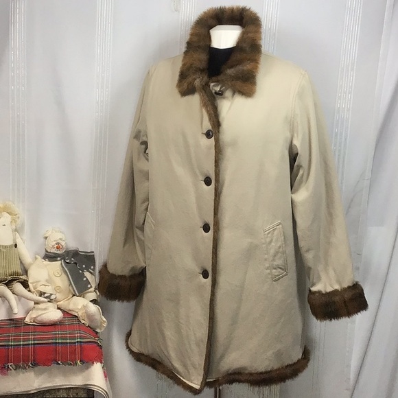 🌲 Denim&Co Tan Denim Faux Fur Trim Lining Button Front with Pockets Coat - Picture 9 of 11